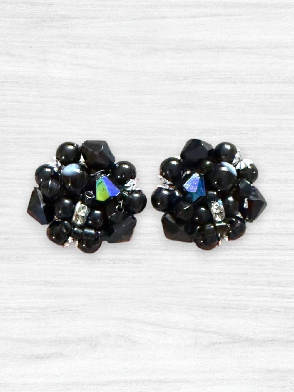 Vintage Japan Navy Blue Glass Bead Cluster Clip Earrings Crystal AB Rhinestone